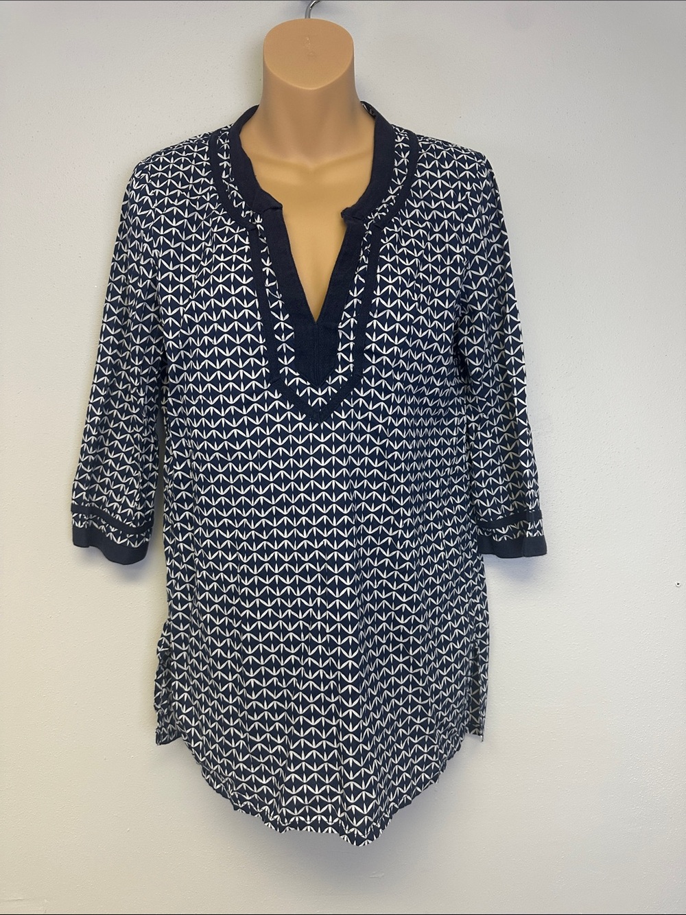 J. Crew Navy and White Geometric Cotton Poplin Popover Tunic